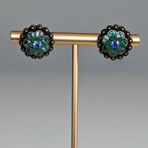 Round Michal Negrin-Style Blue & Green Flower Earrings